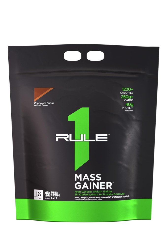 Règle 1 Protéines Gaineur de masse - Formule de gain de poids haute-Calorie avec 1 220+ Calories, 250g+ Mélange complexe de glucides, 40g Protéine tout-Whey par portion (16 portions, fudge de chocolat)