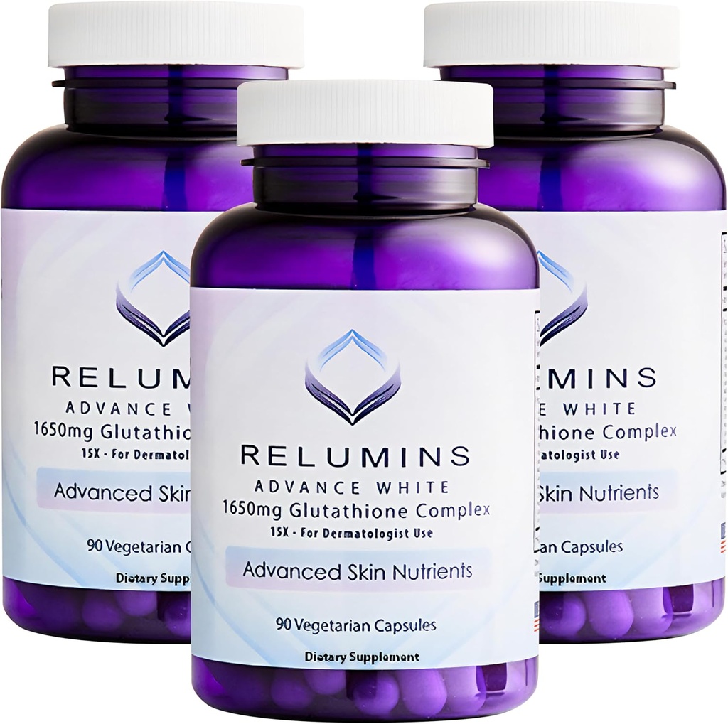 Relumins L-Glutathion Complex 1650mg - Support antioxydant avec acide alpha lipoïque, NAC, L-méthionine, vitamine E, supplément de santé de la peau, fabriqué aux États-Unis - 90 Capsules végétariennes x 3 bouteilles