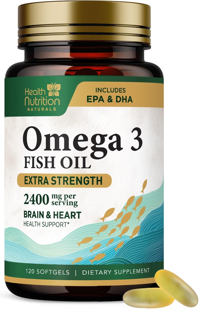 Omega 3 Huile de poisson 2400 mg - Suppléments Omega-3 Triple Strength - Santé du cerveau naturel et soutien immunitaire - Acides gras avec EPA et DHA - Supplément d'huile de poisson purifiée capturée sauvage - 120 Softgels
