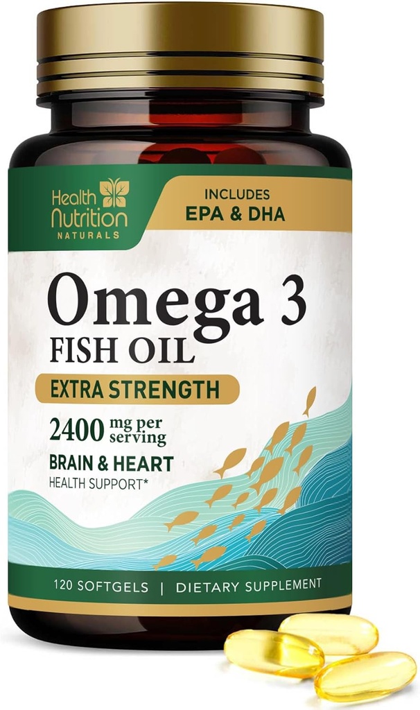 Omega 3 Huile de poisson 2400 mg - Suppléments Omega-3 Triple Strength - Santé du cerveau naturel et soutien immunitaire - Acides gras avec EPA et DHA - Supplément d'huile de poisson purifiée capturée sauvage - 120 Softgels