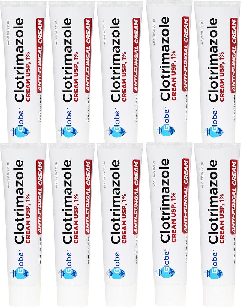Globe Clotrimazole Crème Antifongique 1% USP, 1 oz (10 Pack), Traitement Anti Fongique, Soulage les démangeaisons, brûlures, cracking et scaling Athlètes associés Pied, Jock Ditch, Ringworm et plus