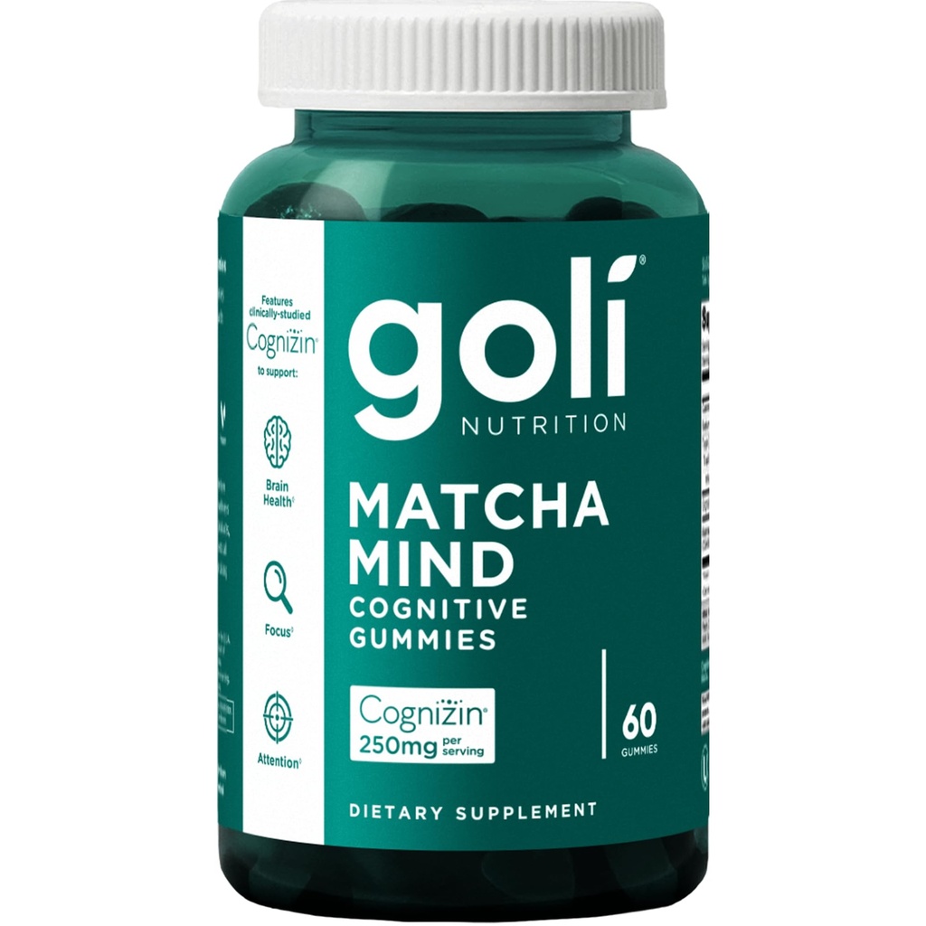 Goli Matcha Mind Gummies - 60 Comte - Le thé vert laisse de la poudre avec de la cognizine pour le focus, l'attention et la santé du cerveau, végétalien, non-OGM, sans gluten et sans gélatine.