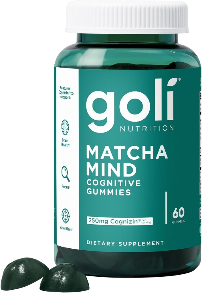 Goli Matcha Mind Gummies - 60 Comte - Le thé vert laisse de la poudre avec de la cognizine pour le focus, l'attention et la santé du cerveau, végétalien, non-OGM, sans gluten et sans gélatine.