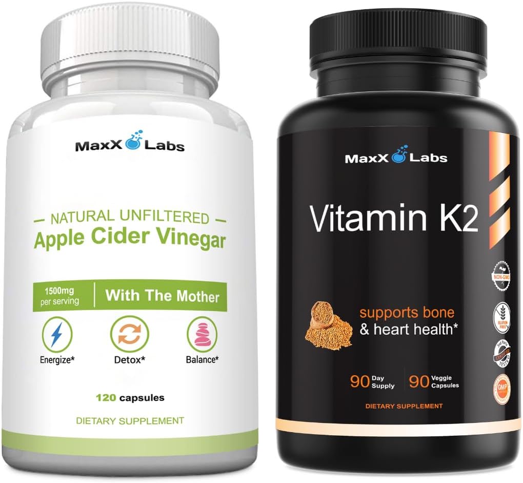 Capsules de vinaigre de cidre de pomme avec la mère aident à améliorer l'énergie, l'immunité, la digestion et le métabolisme + supplément vitamine K2 - spectre complet vitamine K2 MK7, MK4 et calcium - 90 capsules