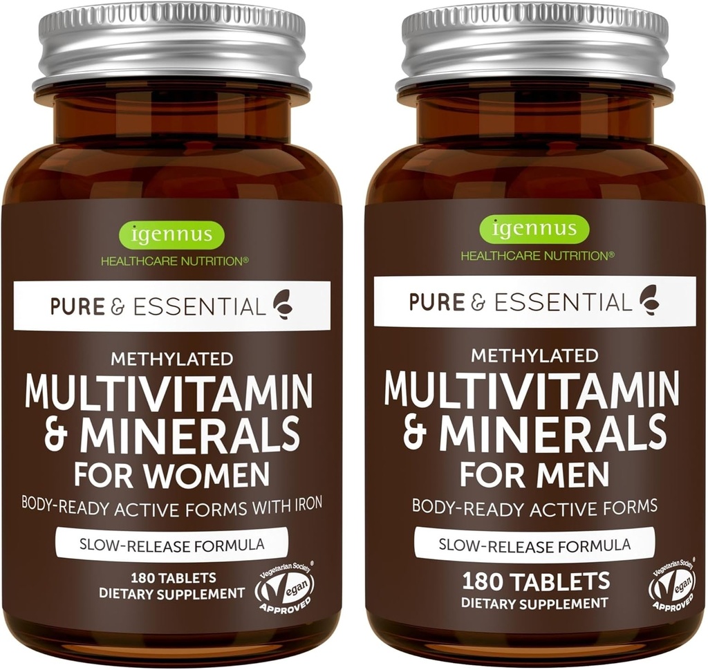 Multivitamines Méthylées pour femmes + mélange multivitamines pour hommes, supplément MTHFR avec des vitamines B actives, marque propre et végétalien, 180 comprimés, par Igennus