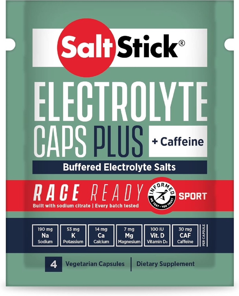 SaltStick Race Capsules électrolytiques prêtes avec caféine 96 Capsules de sel pour courir, hydratation, aide à réduire les crampes musculaires 24 Packets, 4 Capsules