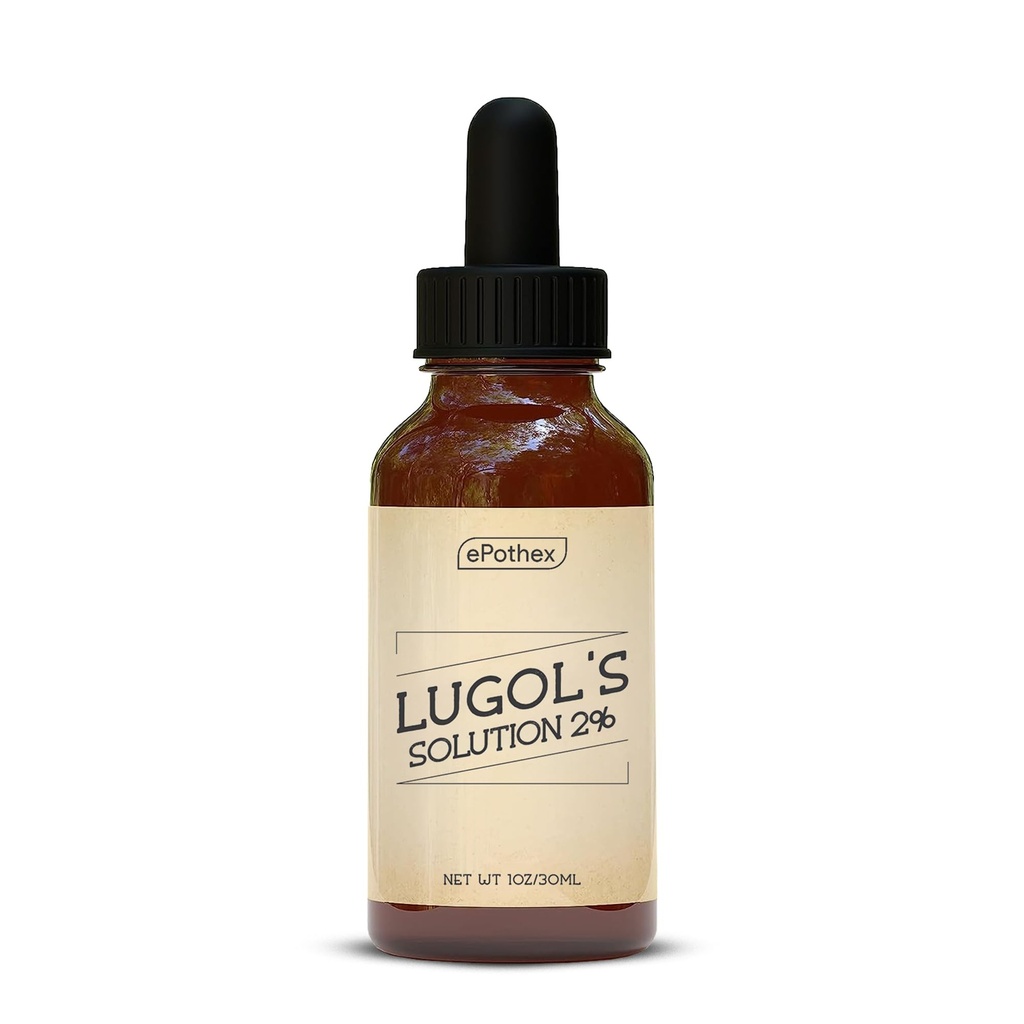 Solution Lugol 2 % 1 oz Bouteille à goutte en verre. Contient de l'iodure de potassium et de l'iode, 30ml
