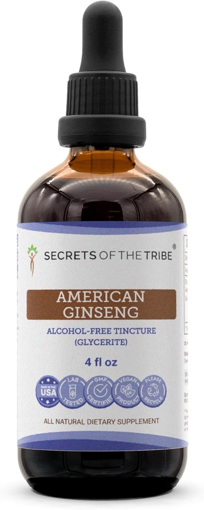 Secrets of the Tribe American Ginseng Tincture Extrait liquide sans alcool, Ginseng américain cultivé à la ferme (Panax Quinquefolius) Racine séchée (4 FL OZ)