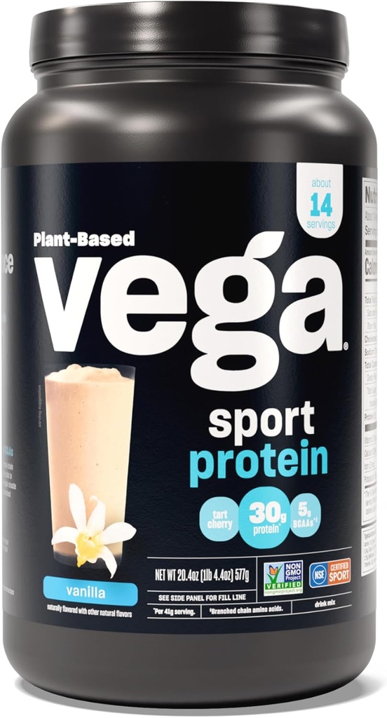 Vanille en poudre de protéines Vega Sport (14 portions, 20,4 oz) - Poudre végétale de protéines Vega, BCAA, acide amino, cerise tarte, non laitière, sans gluten, non OGM (paquetage mai Vary)
