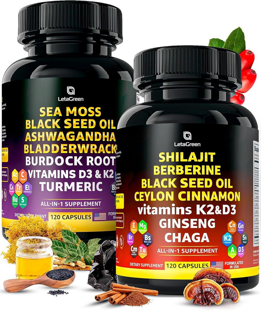 Irish Sea Moss and Himalayan Shilajit Capsules - 120 pilules de mousse de mer avec huile de graines noires, root et poudre de bardderwrack – 120 capsules de chilajit pur acide fulvic