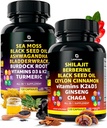Irish Sea Moss and Himalayan Shilajit Capsules - 120 pilules de mousse de mer avec huile de graines noires, root et poudre de bardderwrack – 120 capsules de chilajit pur acide fulvic