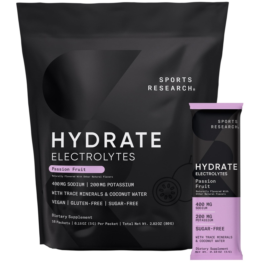 Sports Research® Hydrate Electrolytes Powder Packets - Sans sucre et naturellement aromatisé avec des vitamines, des minéraux et de l'eau de coco - Supports Hydratation - 16 Packets - Passion Fruit