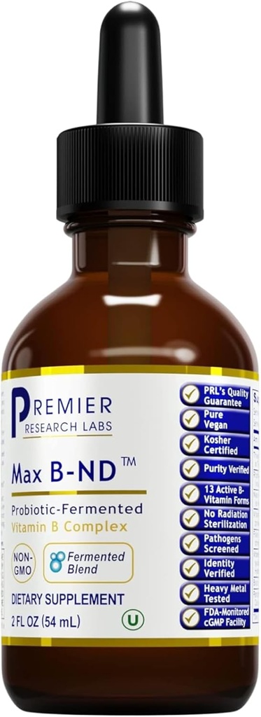 Premier laboratoire de recherche Max B-ND Vitamine liquide - B-complexe pour la santé du foie et du cerveau - gouttes sublinguales pour le soutien énergétique, immunitaire et adrénal - 2 fl oz - Thiamin, B12, B6 et plus - pour les hommes, les femmes