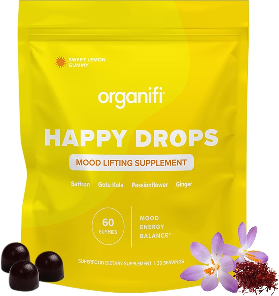 Organifi Bonnes gouttes - Superfood quotidien Gummies heureux pour les adultes - Supplément de soutien de l'humeur pour l'équilibre, la joie, l'énergie et prendre le bord hors - Saveur de citron doux - 60 Gummies