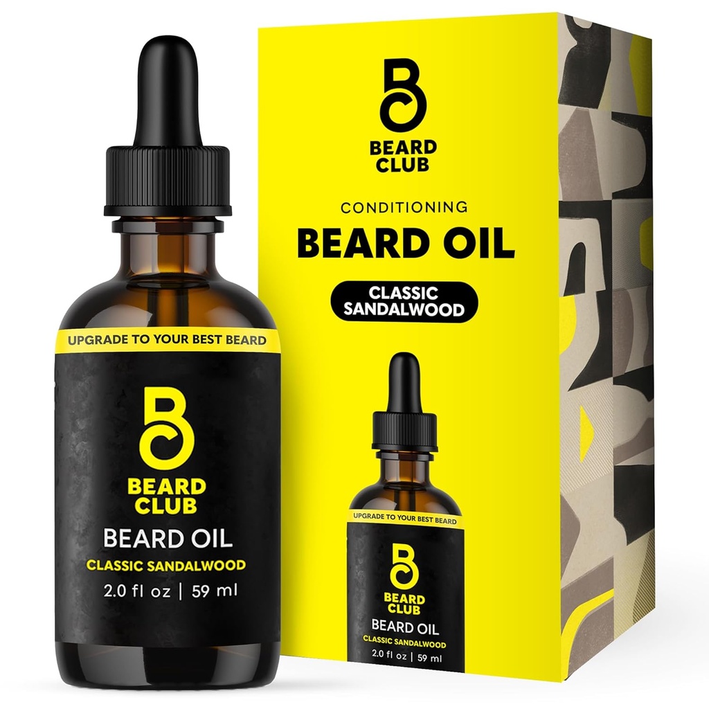 L'huile de barbe du club de la barbe pour les hommes - Huile de barbe naturelle en bois de sandale classique de 2oz avec des huiles de castor et ambre - Reconditionneur de barbe et de moustache - Hydrates, assouplis et apaise la peau sèche - renforce les follicules capillaires
