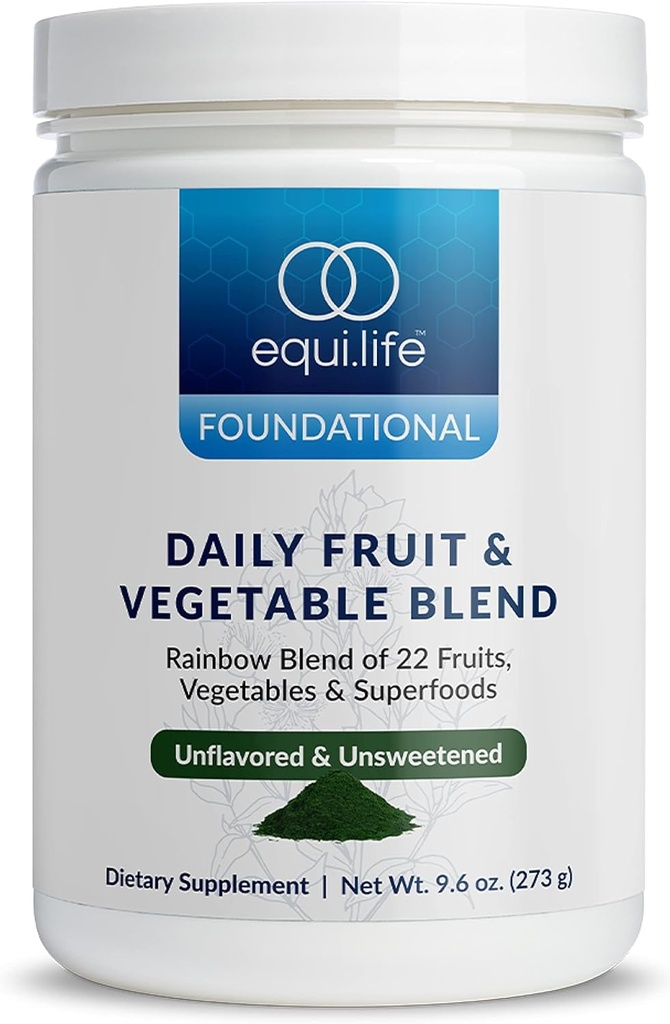 Equilife Mélange quotidien de fruits et légumes, supplément antioxydant super-alimentaire avec 22 fruits et légumes biologiques, non aromatisé, vitamine C, fibre, 9 acides aminés essentiels, soutient l'énergie, 30 portions Tub