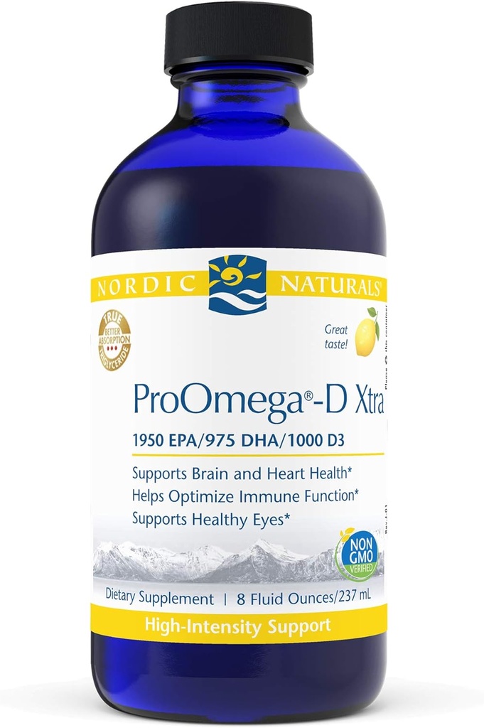 Nordic Naturals ProOmega-D Xtra Liquid, Lemon Flavor - 8 oz - 3400 mg Omega-3 + 1000 UI D3 - Huile de poisson de haute puissance - EPA et DHA - Santé du cerveau, des yeux, du coeur et des immunes - Non-OGM - 48 portions