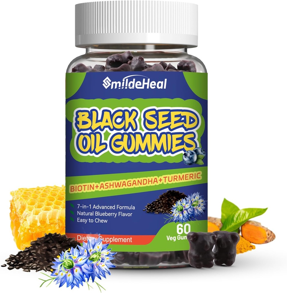 Huile de graines noires Gommies, Huile de graines de cumin noir biologique Gommies, Huile de graines de cumin noir biologique 500mg, Graines noires à croquer et Gommies de miel, Vegan, 60 Gommies