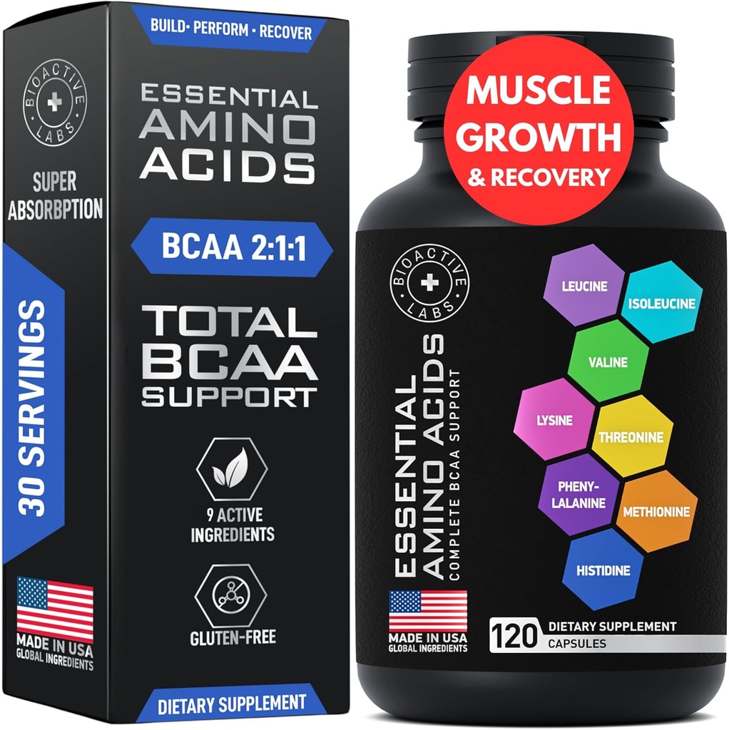 Supplément d'acides aminés essentiels pour les femmes et les hommes - Complexe acide amino végétalien BCAA pour la croissance musculaire avec tous les 9 BCAA Aminos essentiels - Formule de puissance d'entraînement et de récupération avancée - 120 pilules BCAA EAA