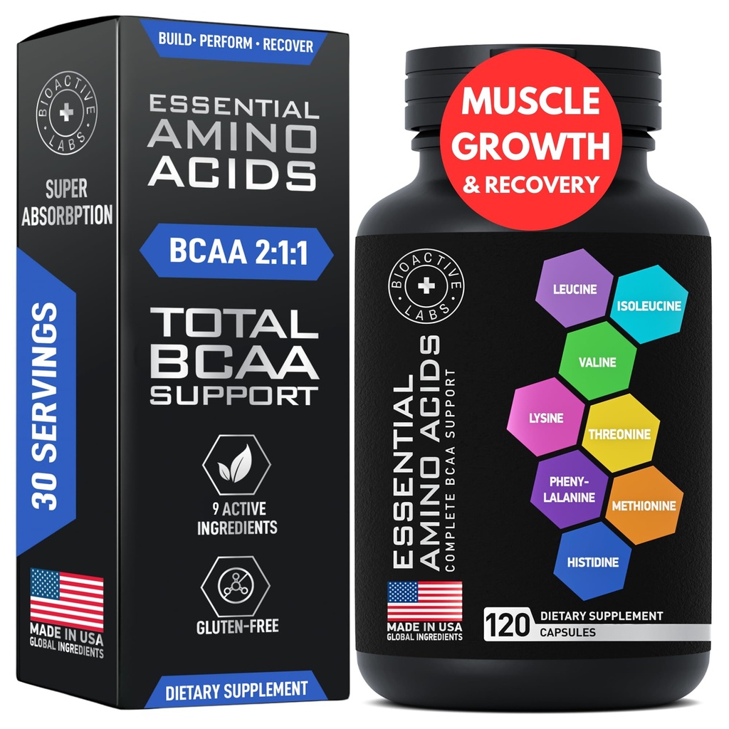 Supplément d'acides aminés essentiels pour les femmes et les hommes - Complexe acide amino végétalien BCAA pour la croissance musculaire avec tous les 9 BCAA Aminos essentiels - Formule de puissance d'entraînement et de récupération avancée - 120 pilules BCAA EAA