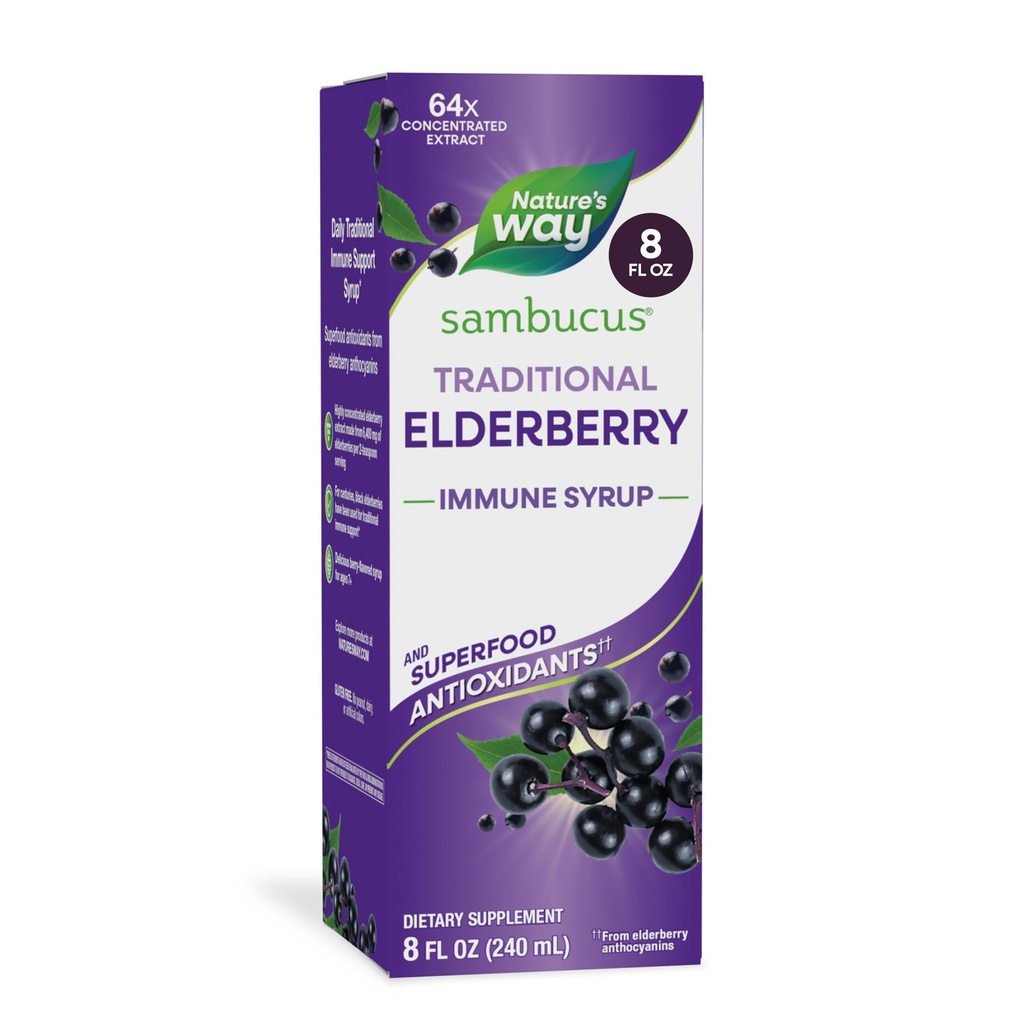 NatureS Way Sambucus Elderberry Traditional Immune Sirop, extrait de mûrier noir hautement concentré, soutien immune traditionnel*, délicieux Berry Flavored, 8 Fl Oz (paquetage May Vary)