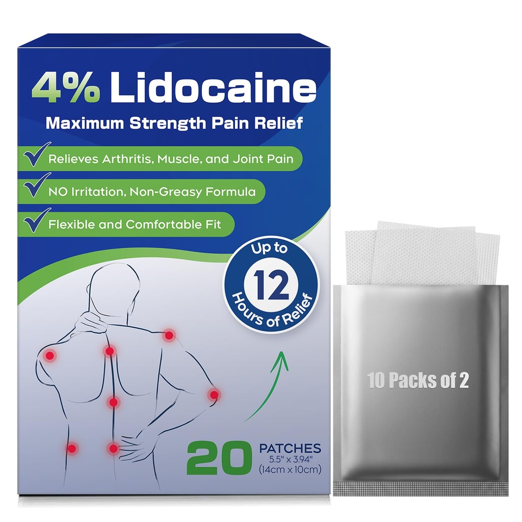 Upositut 4% Patches de Lidocaine, 20 Patches de comte Force maximale Patches de Lidocaine (20 Patches), pour soulager la douleur musculaire dans le cou, les épaules, le dos, les genoux et les anches, 12 heures soulagement de la douleur-012345