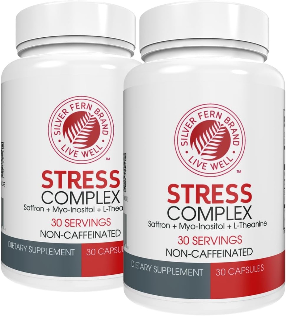 Supplément complexe de stress de la fougère d'argent - Sans caféine - Sommeil, inquiétude, humeur et plus - avec suppléments de safran, supplément de L-Theanine, et Myo-inositol - supplément de stress naturel (paquet de 2)