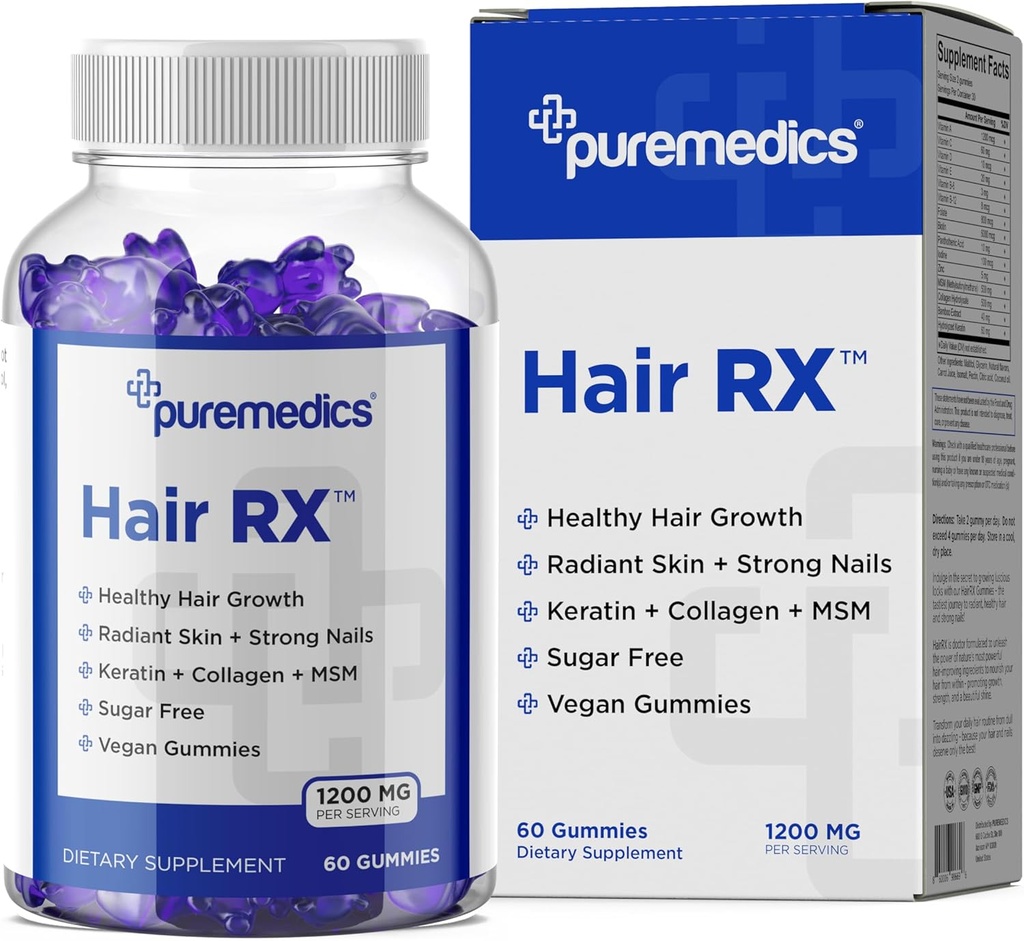 HairRX Biotin 6000mcg Gommies végétaliennes pour les beaux cheveux et ongles - Collagène, Acide panthonthénique, Iodine, Bamboo, Huile de coco, Zinc, MSM pour les femmes et les hommes (1 mois d'approvisionnement)