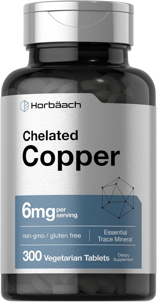 Horbäach supplément de cuivre chélaté 6mg , 300 comprimés , Trace minéral essentiel , Végétarien, non-OGM, sans gluten