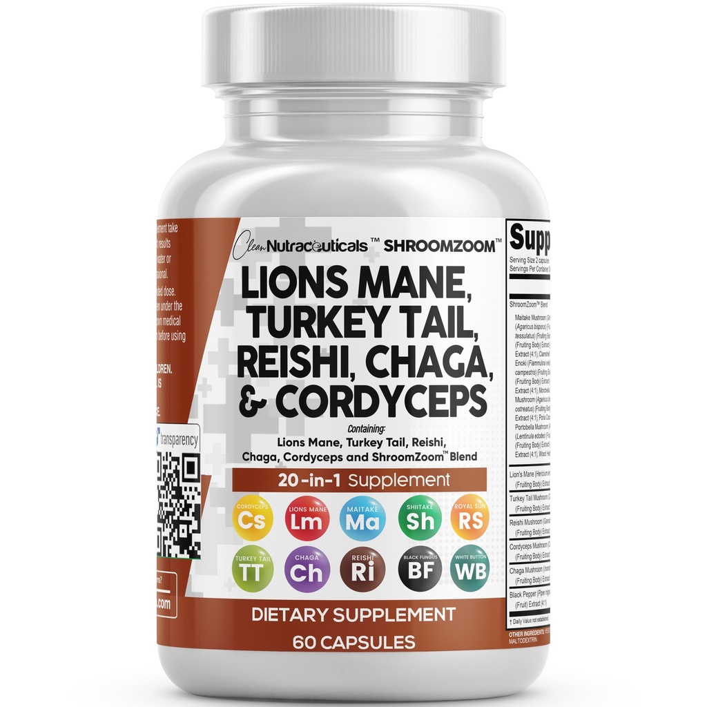 Nettoyer les nutraceutiques Lions Mane 20in1 Champignon Supplément avec la dinde Tail Reishi Cordyceps Chaga Maitake Meshima Poria Cocos Shiitake Oyster Porcini Enoki - 1 Pack