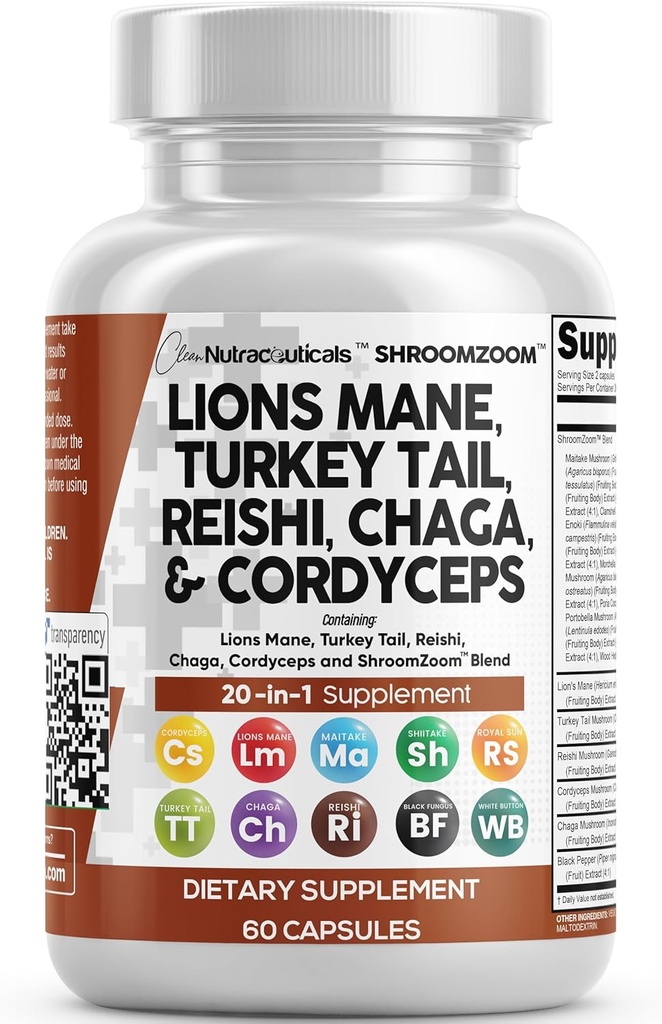 Nettoyer les nutraceutiques Lions Mane 20in1 Champignon Supplément avec la dinde Tail Reishi Cordyceps Chaga Maitake Meshima Poria Cocos Shiitake Oyster Porcini Enoki - 1 Pack