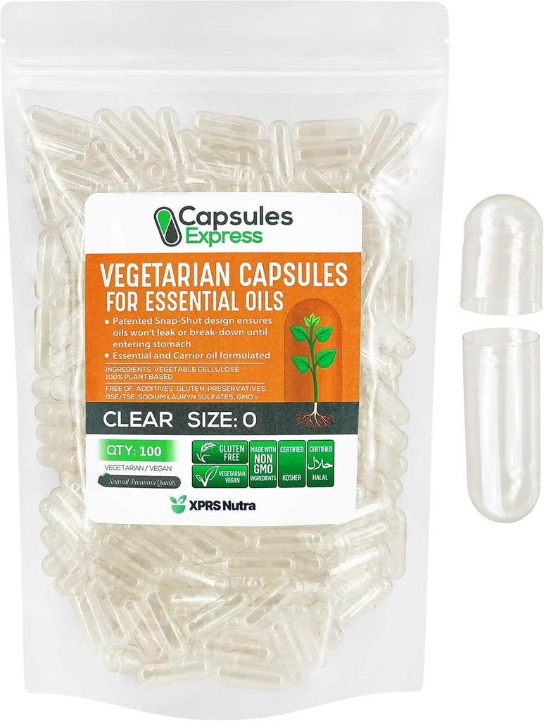 XPRS Nutra Taille 0 Capsules Vegan vides - 100 Capsules Véggies claires pour l'huile essentielle - Bouchons végétaux vides - Do-It-Youlf Pill Remplissage fonctionne avec la plupart des huiles