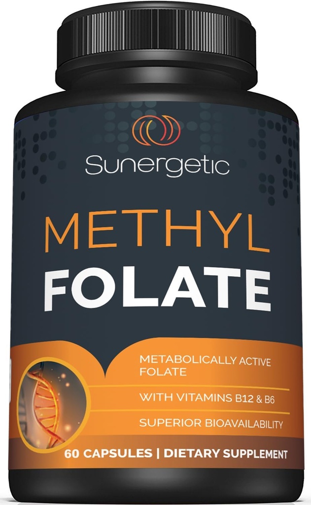 Supplément de folate de méthyle Sunergetic Premium – avec la vitamine B12 méthylée et la vitamine B6 – Folate métaboliquement actif comme Magnafolate - Methylfolate 400 mcg par gélule – 60 capsules