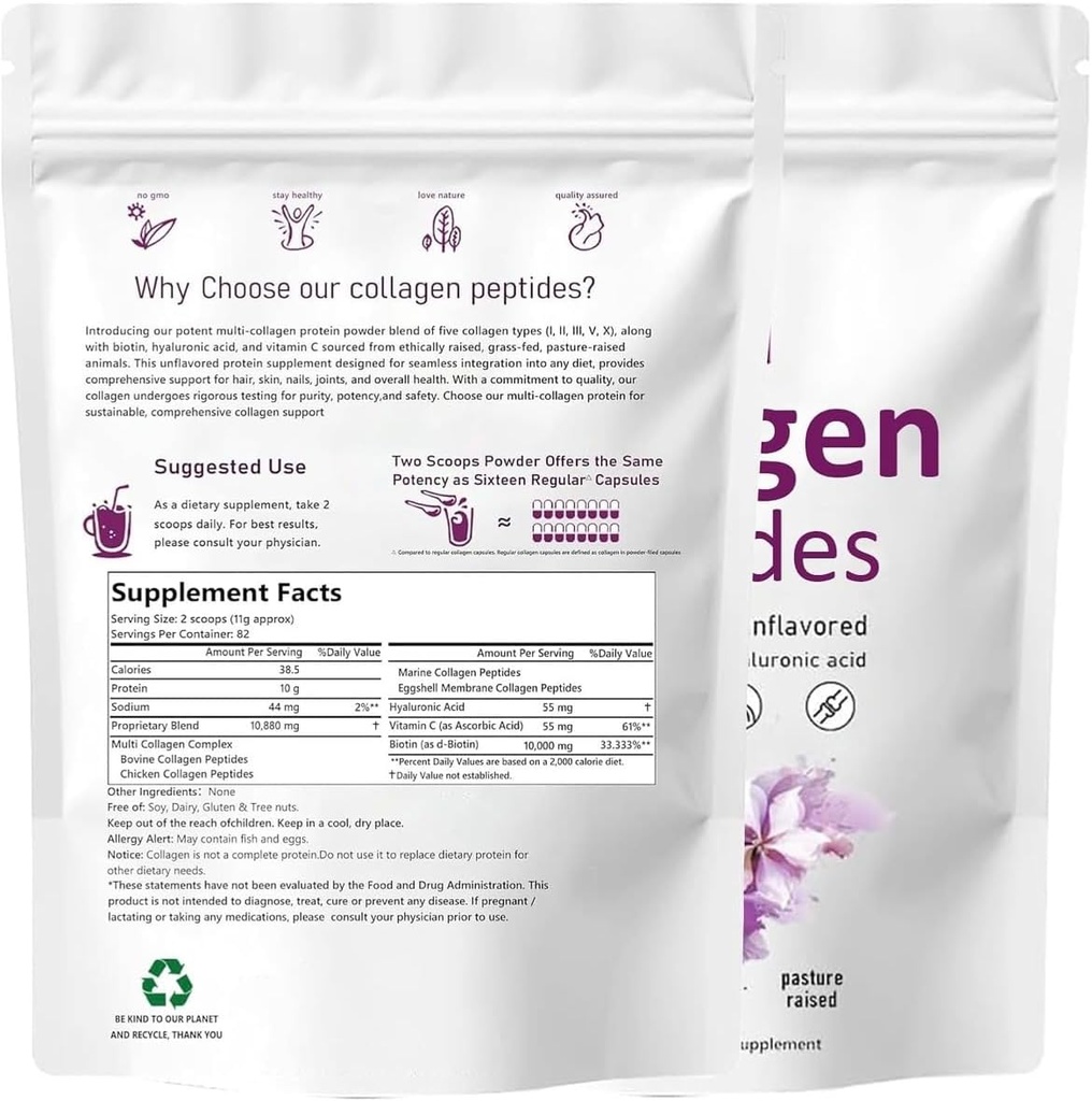 Peptides multicollagènes, type I, II, III, V, X, non aromatisés, 1 lb (453.6 g), avec biotine, vitamine C, acide hyaluronique, gazéifié, pâturage
