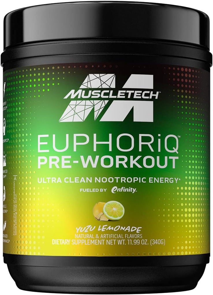 Poudre de pré-entraînement MuscleTech EuphoriQ Poudre de pré-entraînement intelligente pour les hommes et les femmes Métabolite de caféine alimentée en paraxanthine Yuzu Lemonade (20 portions)