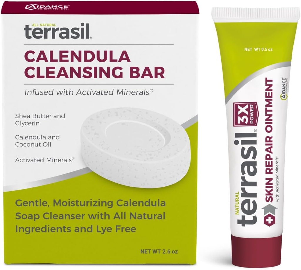 terrasil Skin Repair & Calendula Soap for Angular Cheilitis, Folliculitis, Impetigo, Lichen Sclérose, Boils, Pitted Keratolyse, Soin apaisant et soutient la guérison (tube de 5 oz et barre de savon)