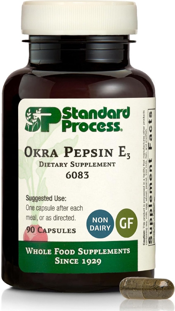 Standard Process Inc. Okra Pepsin E3 - Santé digestive des aliments entiers, Cholestérol, Bowel et Bowel Cleanse avec Pepsin, Alfalfa, Moss, Buckwheat et Okra, sans gluten - 90 capsules