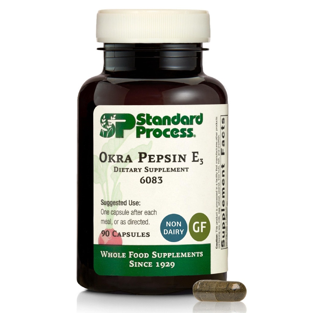 Standard Process Inc. Okra Pepsin E3 - Santé digestive des aliments entiers, Cholestérol, Bowel et Bowel Cleanse avec Pepsin, Alfalfa, Moss, Buckwheat et Okra, sans gluten - 90 capsules
