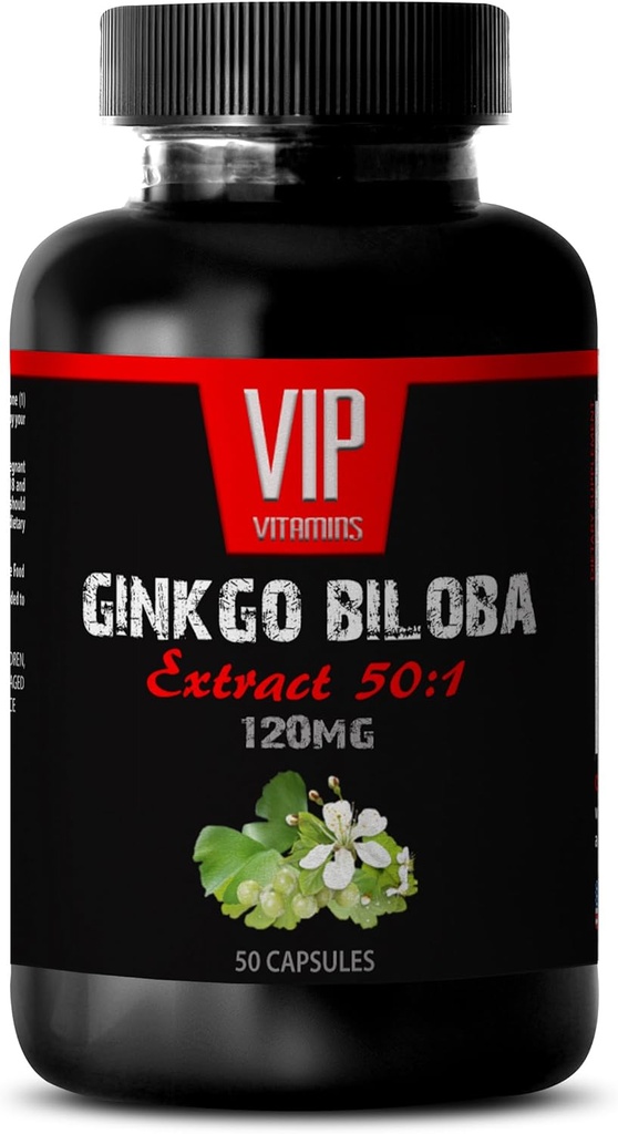 Vitamines pour le cerveau et la mémoire - Ginkgo BILOBA 120MG - Extrait 50:1, Complexe Gingko biloba, Suppléments Ginkgo biloba, Suppléments Mémoire du cerveau, Supplément Mémoire pour le cerveau, Pills Mémoire, 1Bottle