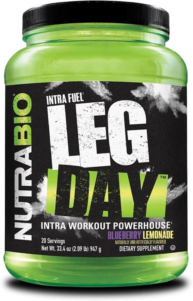 NutraBio Leg Day Intra Workout Poudre – Supplément de carbure avancé avec dextrine à grappes et électrolytes – Poudre de carbure avec AEA/BCAA – Dextrine cyclique pour la performance – Cimonade Blueberry, 20 portions