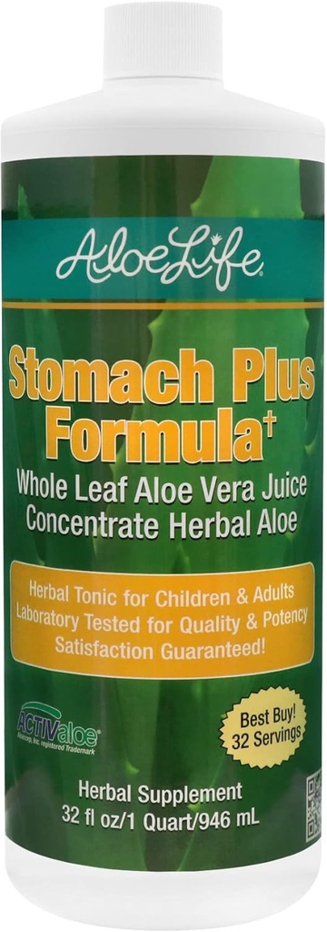 Aloe Life - Formule Stomach Plus, tonique à action rapide pour les enfants, les adultes et les aînés, soutient la digestion saine et aide à apaiser le gaz, le ballonnement et la nausée, Aloe Vera Concentrate, sans gluten (32 oz)