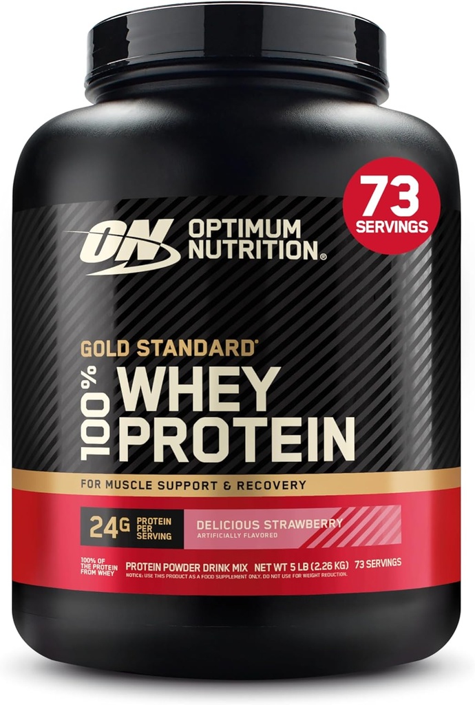 Optimum Nutrition Or Standard 100% poudre de protéines de lactosérum, fraise délicieuse, 5 livres (emballage mai Vary)