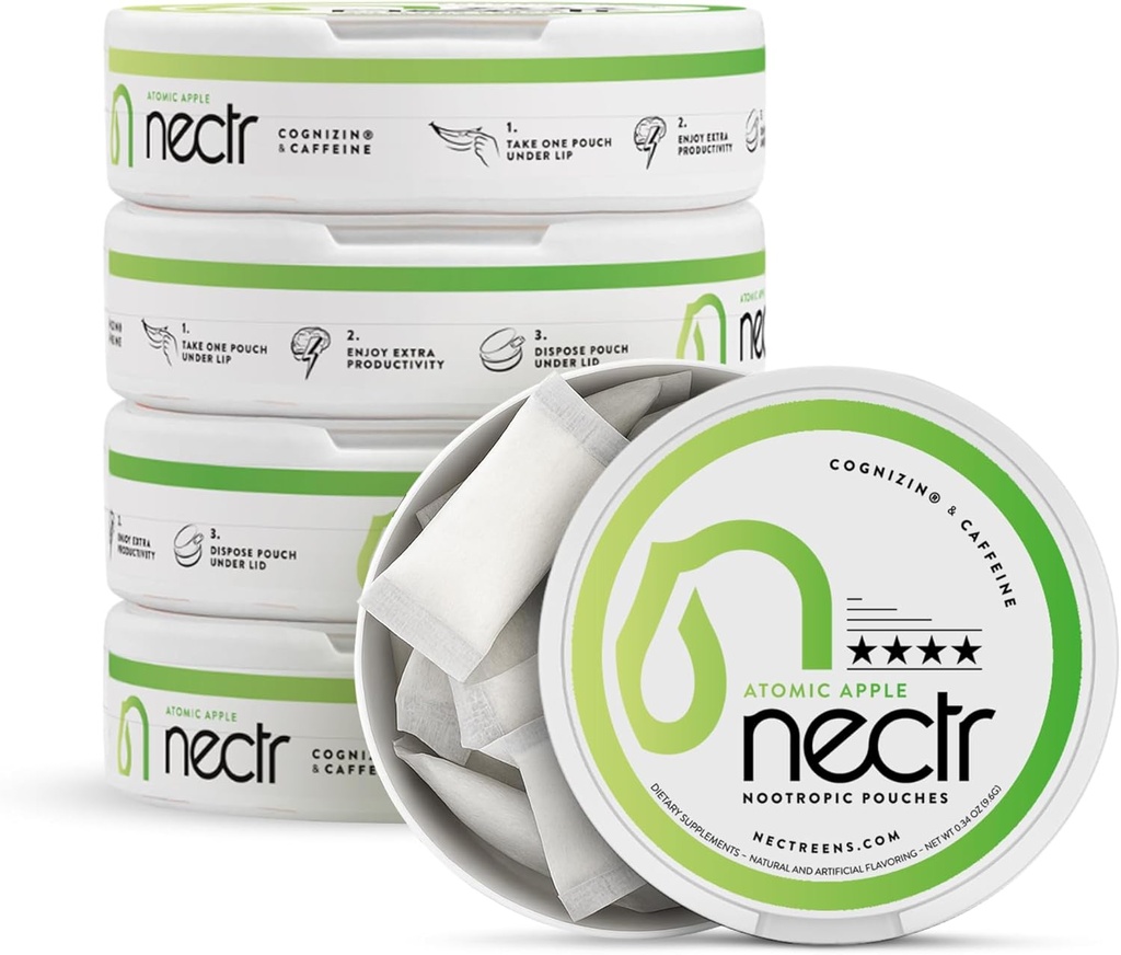 Nectr Energy Nootropic Pouches – Atomic Apple Flavored, Caffeine Pouches with Cognizin® Citicoline. Sugar-Free Brain Treats. Smooth, Sustained Focus & Energy Supplement - 1 Puck of 16pcs