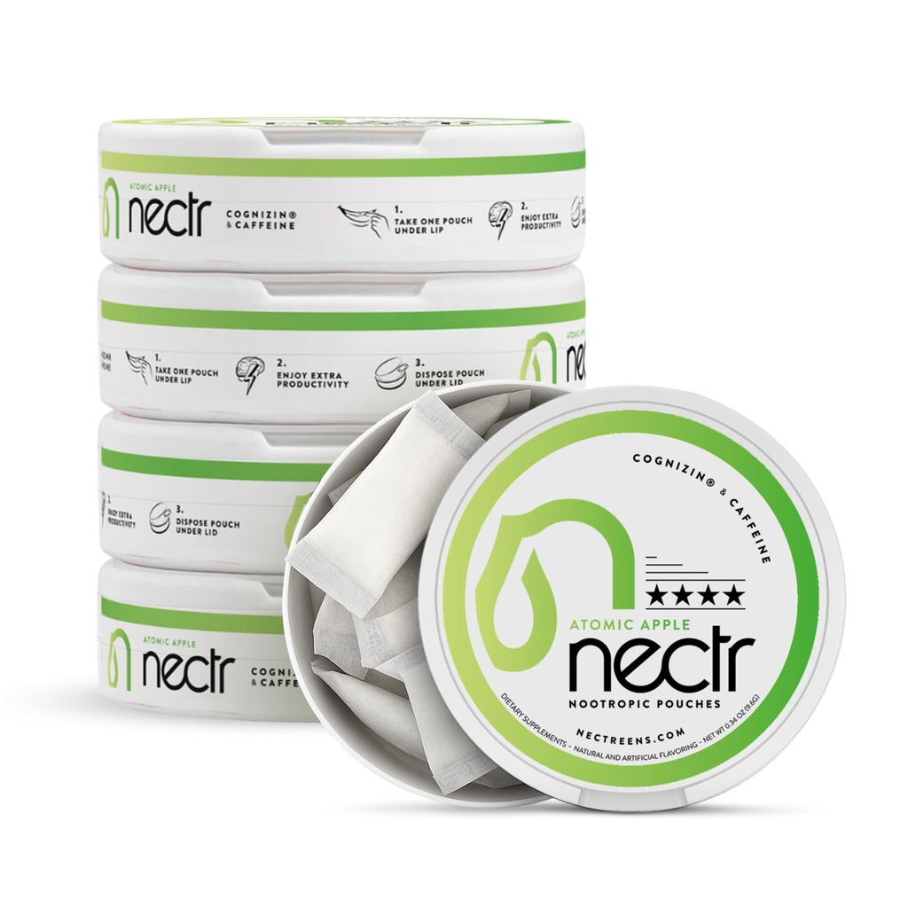 Pochettes Nootropiques Nectr Energy – Aromates aux pommes atomiques, Pochettes caféines avec Cognizin® Citicoline. Cerveau sans sucre. Smooth, Sustained Focus & Energy Supplément - 1 rondelle de 16pcs