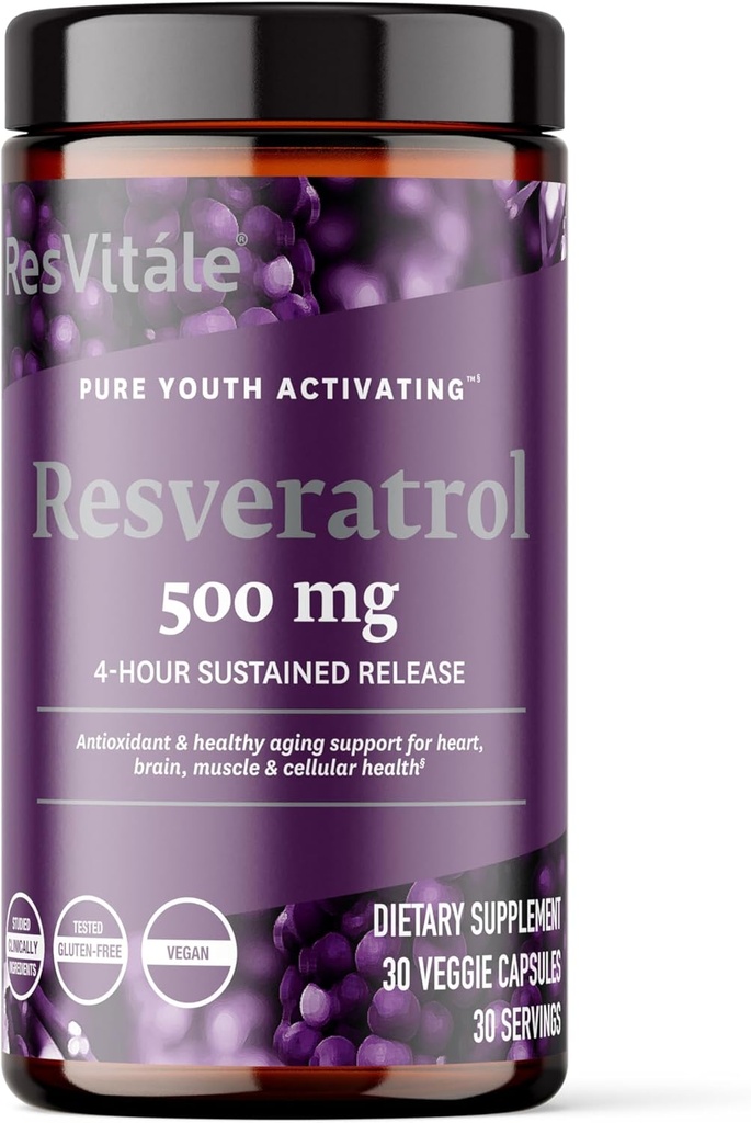 ResVitale Resveratrol 500 mg - Supplément Resveratrol pour hommes et femmes - 30 Capsules de Veggie