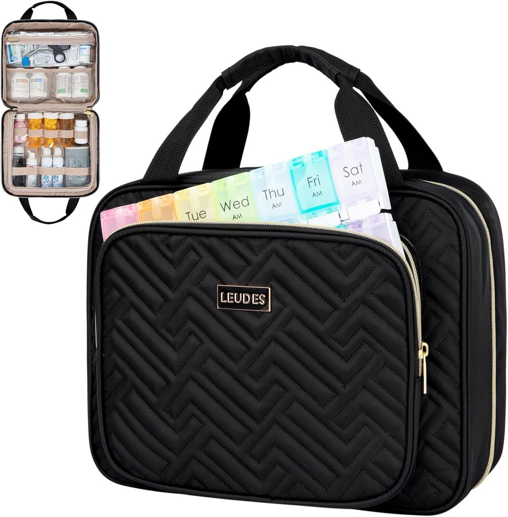 Leus Travel Pill Organizer,Médecin Organisateur et entreposage, Sac de médicaments à domicile, Cas,Carrier pour pilules,Vitamine,Huile de poisson,Supplements pour les femmes et les hommes (Grand, Noir)