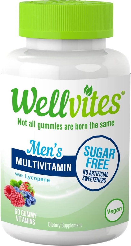 Wellvites sans sucre multivitamines pour les hommes, végétaliens et non-OGM - vitamine A, B6, et B12, biotine et folate, vitamines pour les hommes, pas d'édulcorants artificiels, sans gluten, 60 comtes (30 jours d'approvisionnement)