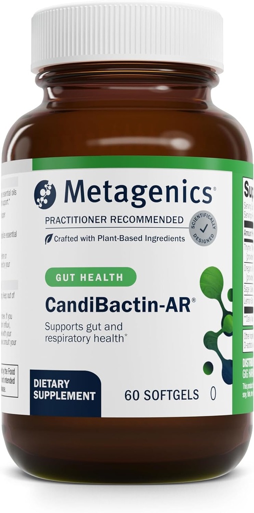 Métagène CandiBactin-AR - Huiles essentielles d'Origan et de Thym avec Sauge et Baume de citron - Soutient la santé digestive, l'équilibre microbien et le confort GI - Softgels entériques - Sans gluten - 60 Softgels