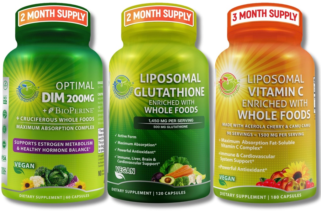 Ensemble de soutien immunitaire, hormonal et antioxydant pour les femmes et les hommes – Glutathion liposomique 500mg + Vitamine liposomique C 1500mg + DIM 200mg avec BioPerine® et aliments entiers crucifères – Végétaux et non-OGM