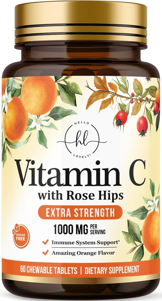 Supplément Vitamine C 1000mg - Extra Force avec Rose Hips Bioflavonoïdes - Sans sucre Vitamine C Pilules à mâcher, Vit C de la nature pour le soutien immunitaire et la protection antioxydante - 60 comprimés à mâcher